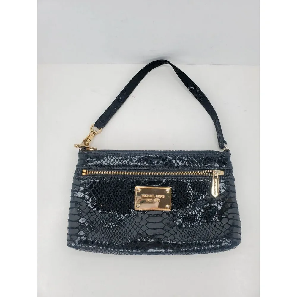 Michael Kors Small Purse Snake Style‎ Bag Black Patent Leather Zip Handbag